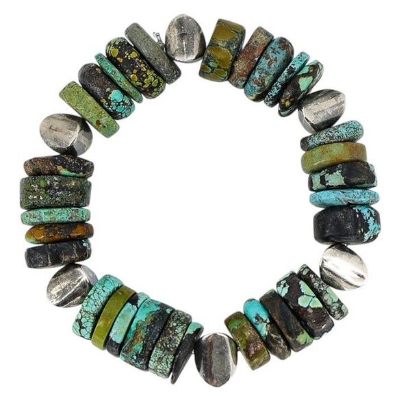 Turquoise Heishi & Artisan Sterling Silver Bench Beads Bracelet Handmade - Picture 9 of 9